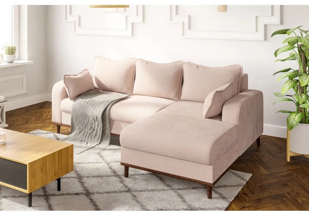 Бежов ъглов диван от рипсено кадифе (десен ъгъл) Beata – Ropez