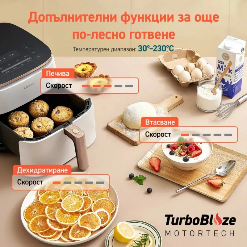 Фритюрник с горещ въздух Cosori TurboBlaze CAF-DC602, 1725 W, 6L, 30-230C, 1.8Kg, 9 програми, Таймер, Запазване на топлината, Бял