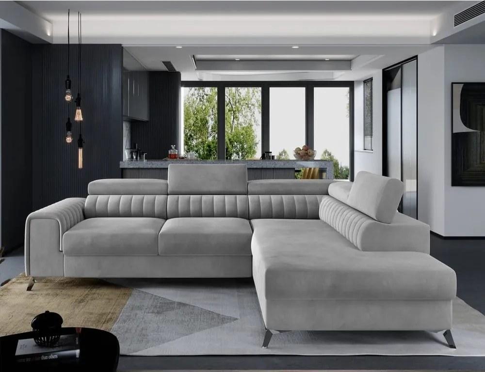Сив кадифен разтегателен ъглов диван с място за съхранение (десен ъгъл L форма) Laurence – ELTAP