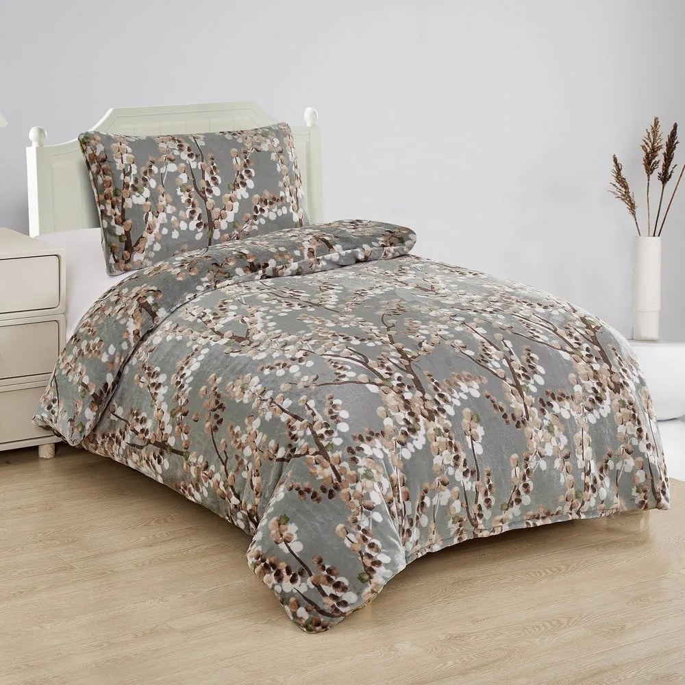 Сиво единично спално бельо от микроплюш 140x200 cm Branches – My House