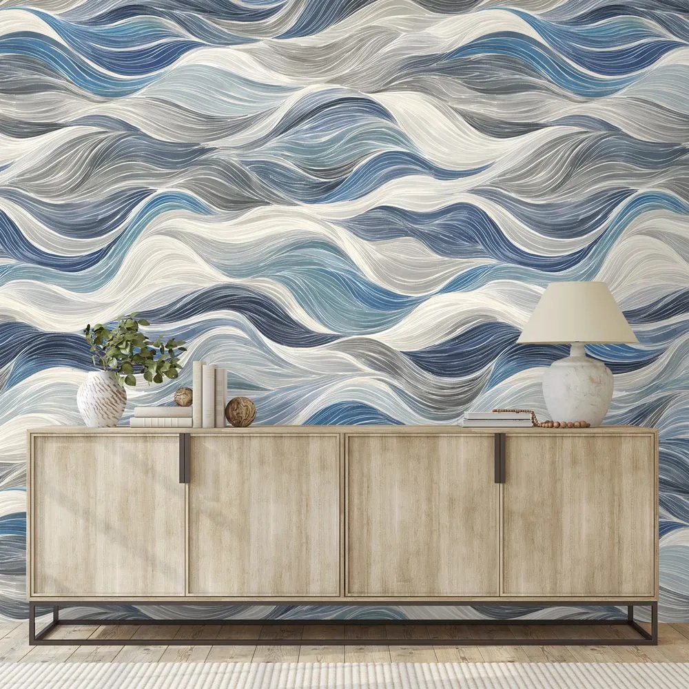 Самозалепващ тапет – Сини вълни на сив фон