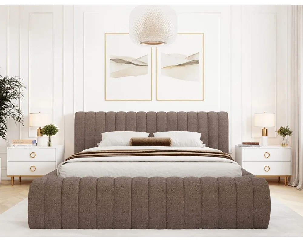 Кафяво двойно тапицирано легло с място за съхранение и включена подматрачна рамка 140x200 cm Carilla – ELTAP