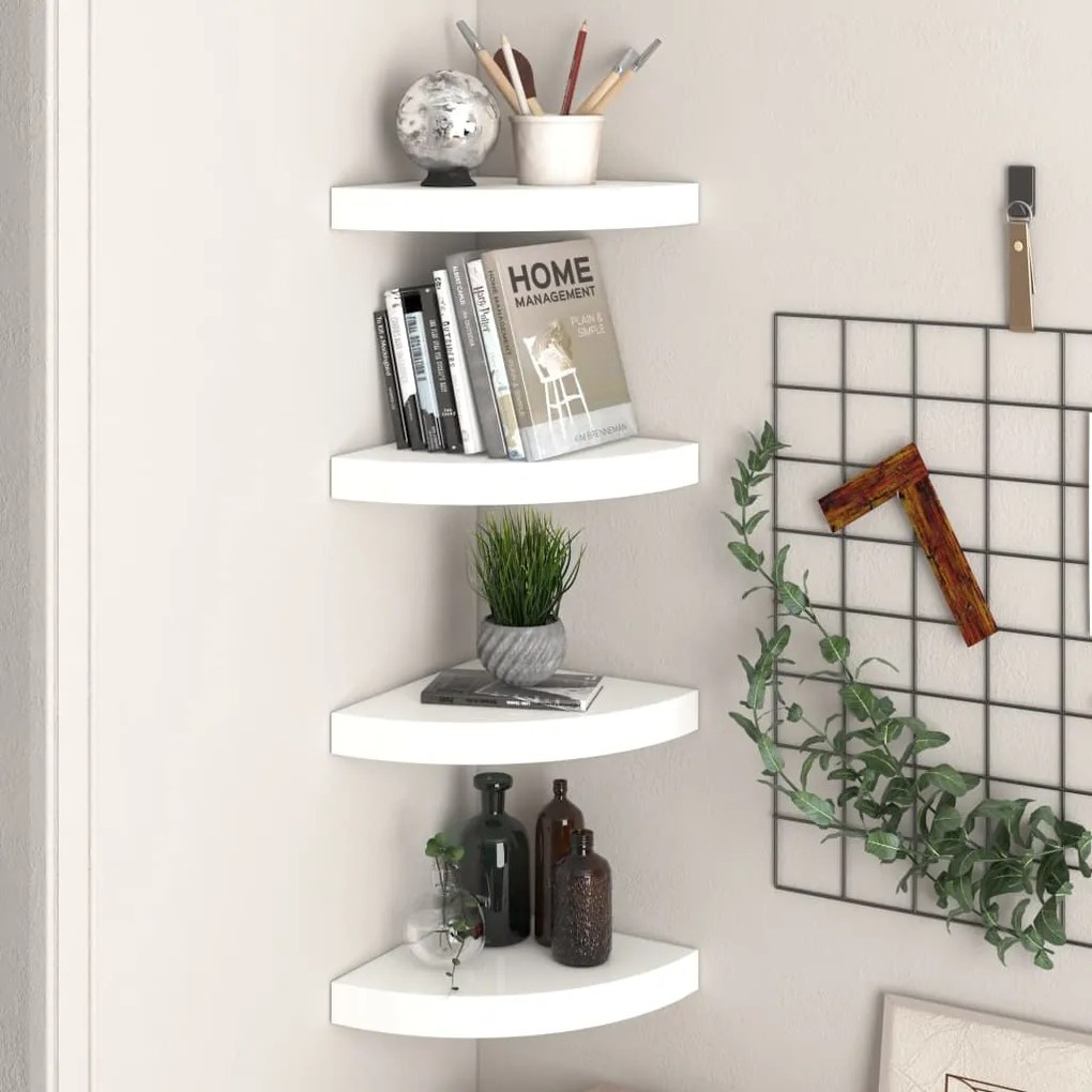 323888 vidaXL Плаващи ъглови рафтове, 4 бр., бяло, гланц, 25x25x3,8 см, MDF