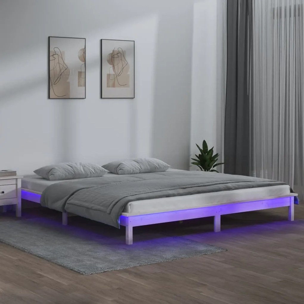 820622 vidaXL LED рамка за легло бяла 180x200 см Super King дърво масив