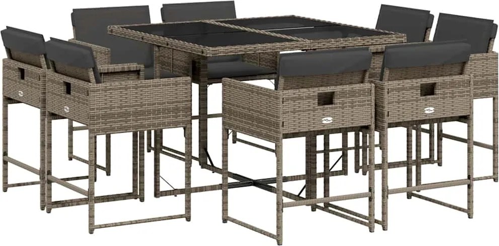 3211376 vidaXL Градински трапезен комплект 9 части с възглавници сив полиратан