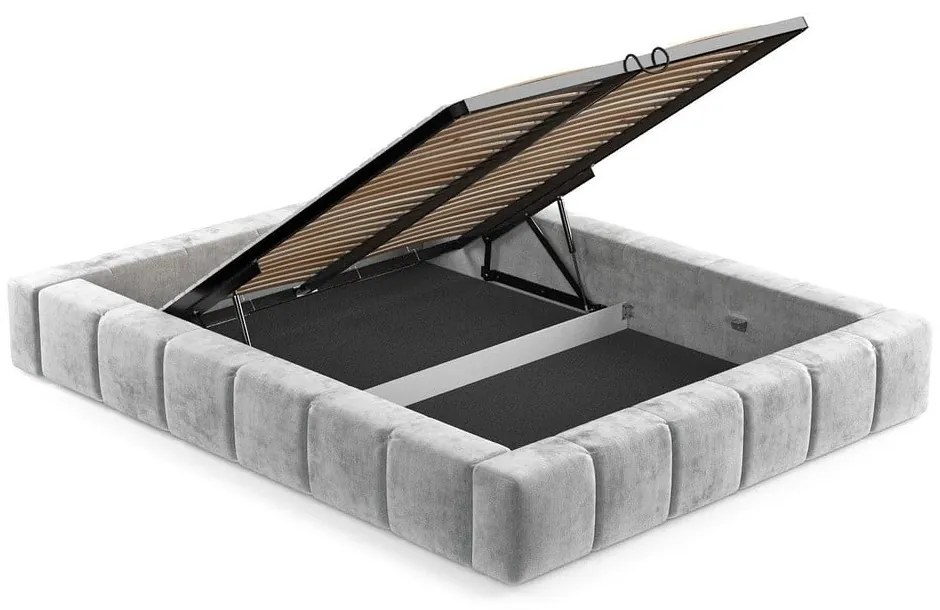 Светлосиво тапицирано двойно легло с място за съхранение с включена подматрачна рамка 180x200 cm Aruba L – Maison de Rêve