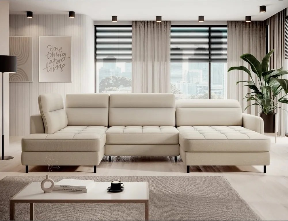 Бежов кадифен разтегателен ъглов диван с място за съхранение (ляв ъгъл U форма) Berrto – ELTAP