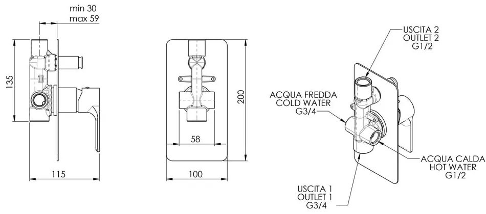 Бяла вградена душ батерия (2 изхода) Pax – Sapho