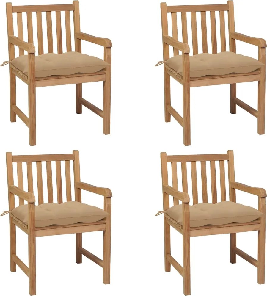 3073022 vidaXL Градински столове, 4 бр, бежови възглавници, тиково дърво масив