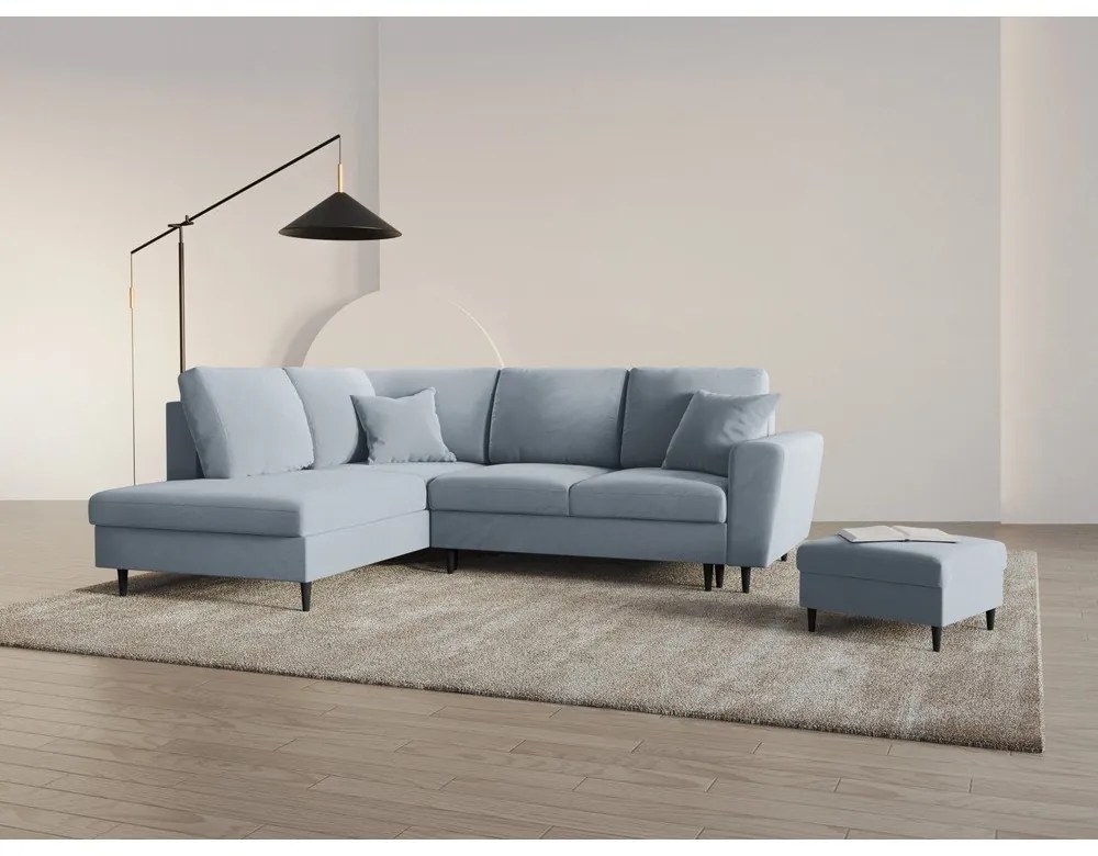 Светлосин кадифен разтегателен ъглов диван с място за съхранение (ляв ъгъл/L форма) Kyoto – Cosmopolitan Design
