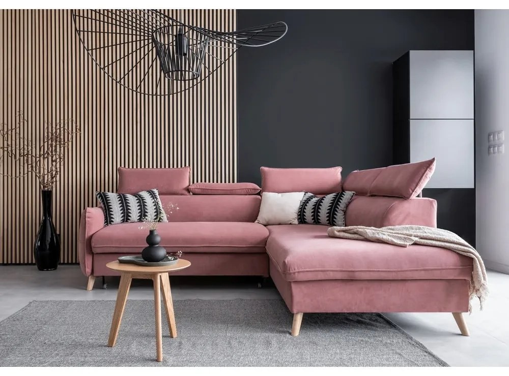 Светлорозов кадифен ъглов разтегателен диван (десен ъгъл) Sweet Harmony - Miuform