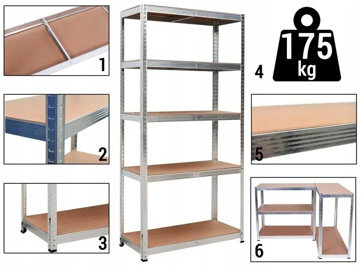 Стабилен метален стелаж за съхранение с 5 рафта 180x90x40 см