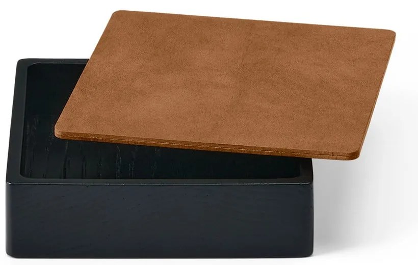 Дървена декоративна кутия за съхранение от еко кожа с капак в черен и естествен цвят 11x11x3,5 cm Square Nupo – LIND DNA