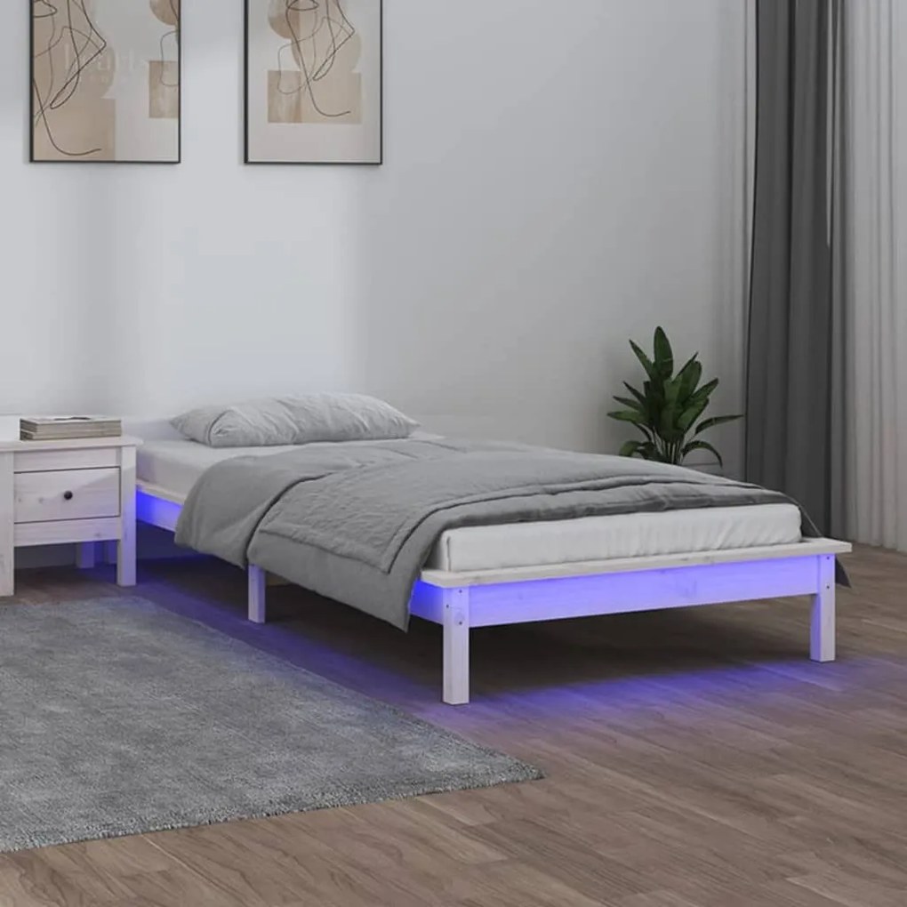 820637 vidaXL LED рамка за легло бяла 90x190 см Single масивна дървесина