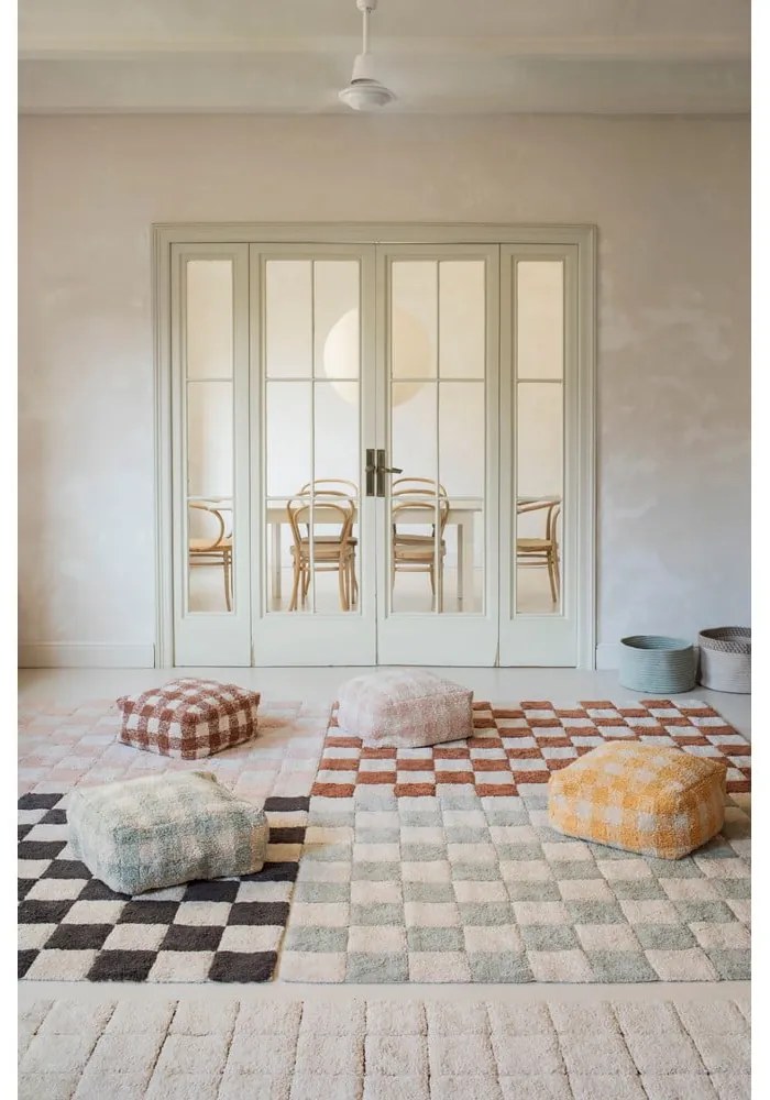 Светлосин и кремав ръчно изработен памучен килим подходящ за пране 120x160 cm Kitchen Tiles Blue Sage – Lorena Canals