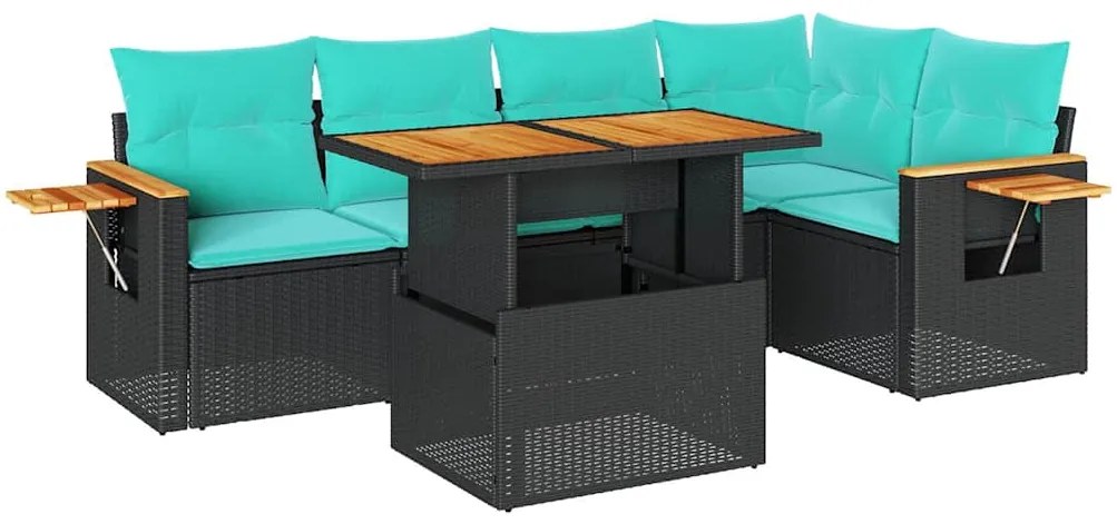 3327599 vidaXL Градински диван с възглавници, 6 части, черен полиратан, акация