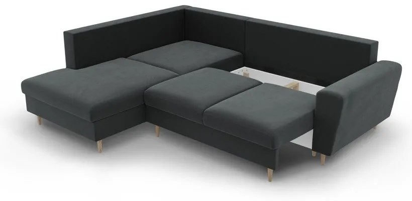 Тъмносив кадифен разтегателен ъглов диван с място за съхранение (ляв ъгъл/L форма) Kyoto – Cosmopolitan Design