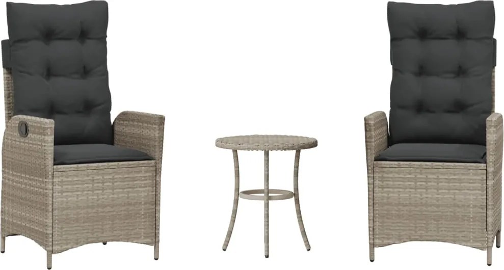 365278 vidaXL Бистро комплект с възглавници 3 части светлосив полиратан