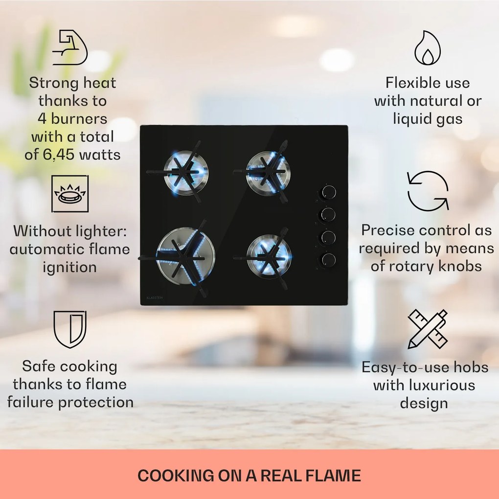 Klarstein Trifecta 4, газов котлон, 4 триъгълни горелки, стъклокерамика, черна