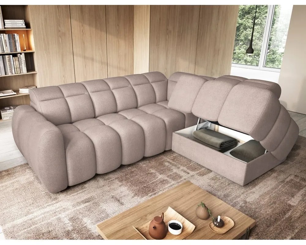 Светлокафяв разтегателен ъглов диван с място за съхранение от букле (десен ъгъл L форма) Falconn – ELTAP