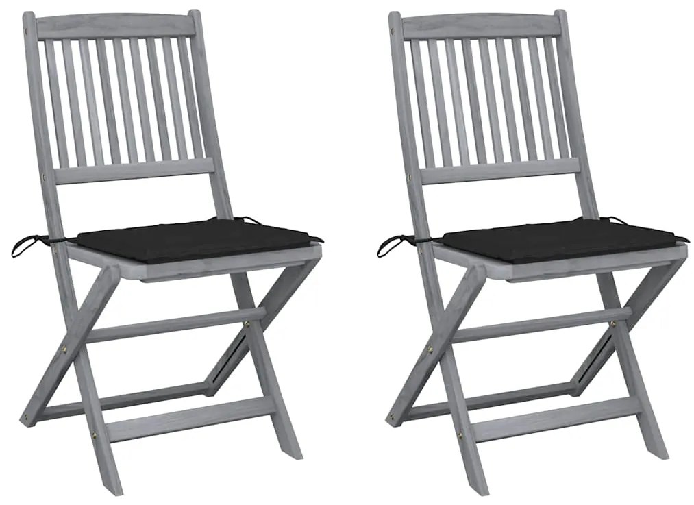 3064543 vidaXL Сгъваеми градински столове, 2 бр, с възглавници, акация масив