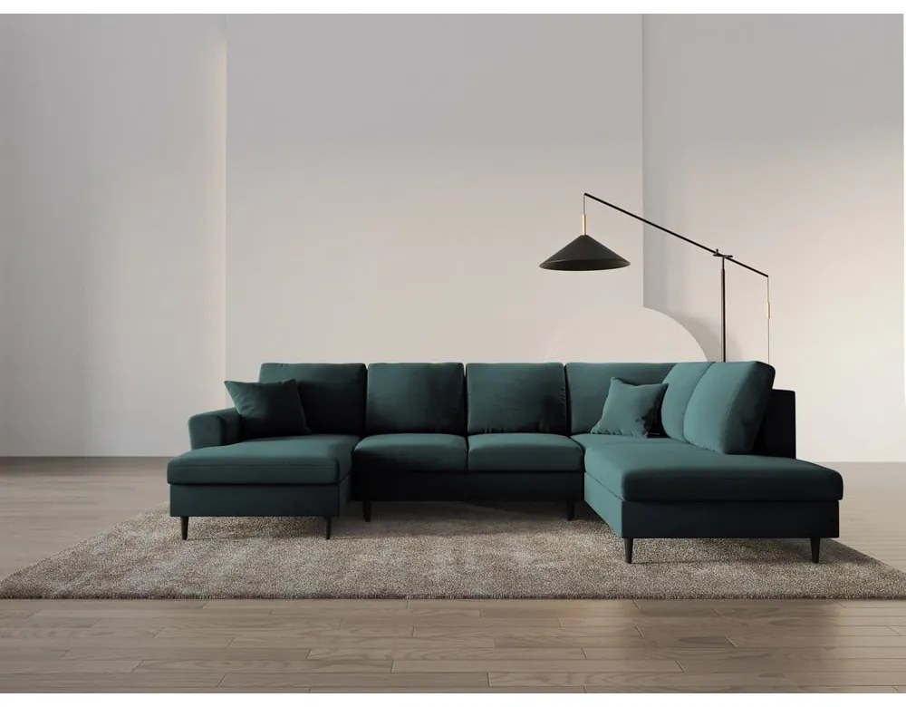 Кадифен разтегателен ъглов диван с място за съхранение в петролен цвят (десен ъгъл/U форма) Kyoto – Cosmopolitan Design