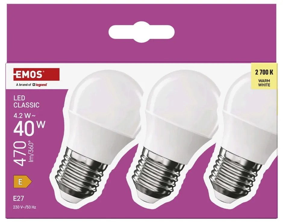 Топли бели LED крушки в комплект от 3 бр. E27, 4 W – EMOS