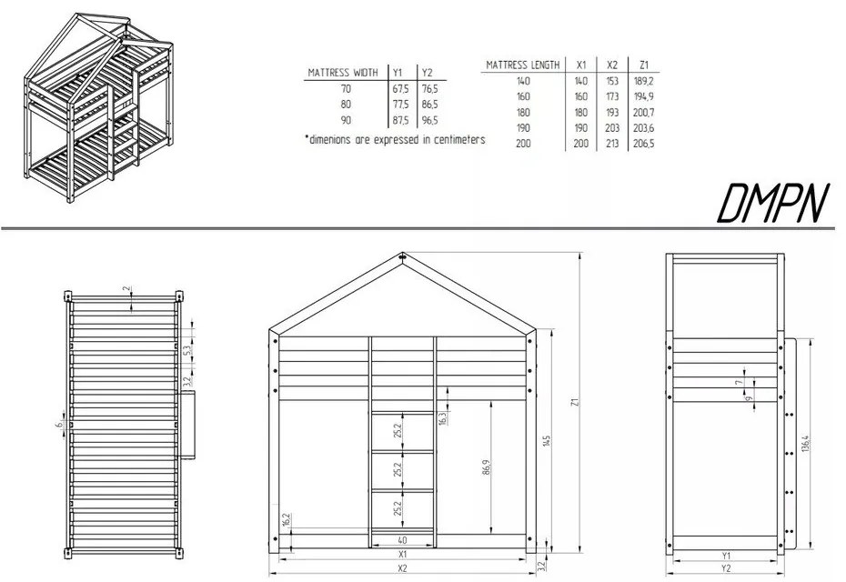 Двуетажно детско легло къща с включена подматрачна рамка в естествен цвят 80x200 cm DMPN – Adeko