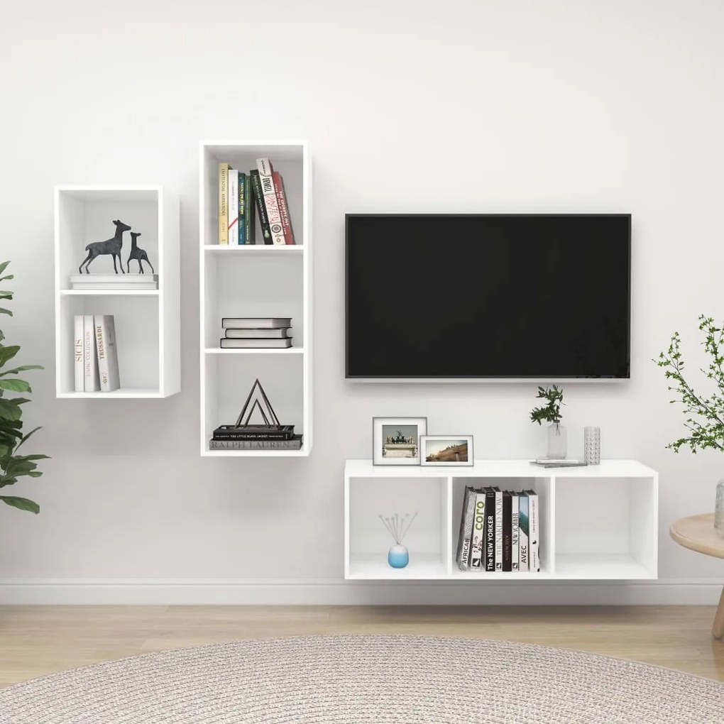 3079628 vidaXL Комплект ТВ шкафове от 3 части, бял, инженерно дърво