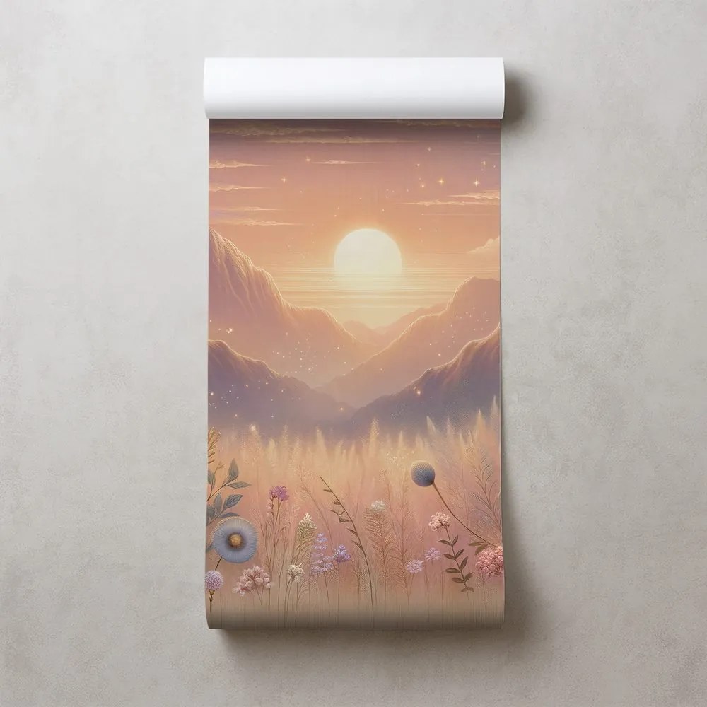 Тапет – Пастелен пейзаж с цветя при залез