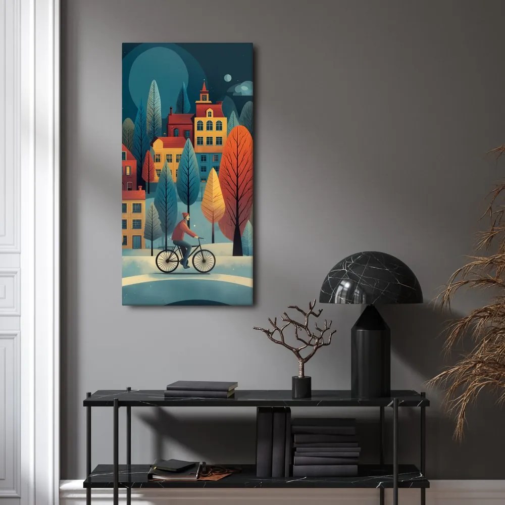 Картина на платно – Колоездач в зимния град