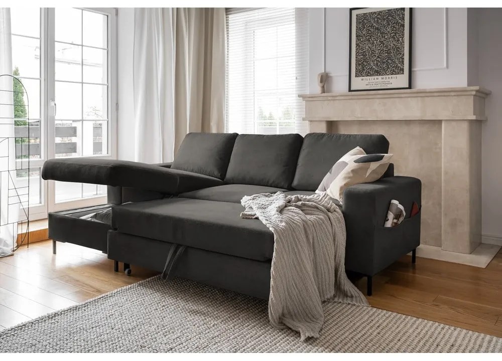 Тъмносив разтегателен ъглов диван от рипсено кадифе (ляв ъгъл) Lofty Lilly – Miuform