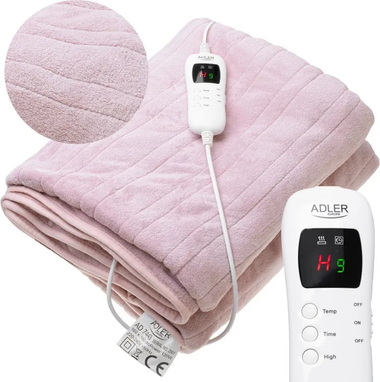 Електрическо одеяло Adler AD 7443, 120W, 160x180 см, LCD контролер, Защита от прегряване, 7 настройки, Таймер, Розов