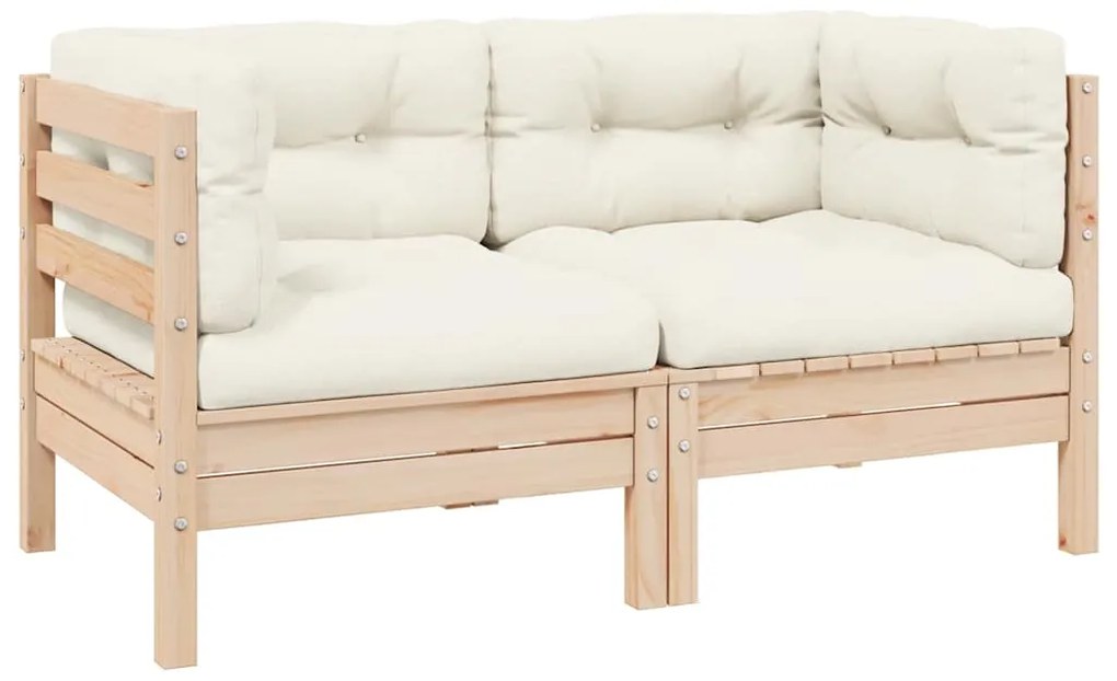 806646 vidaXL 2-местен градински диван с кремави възглавници, бор масив