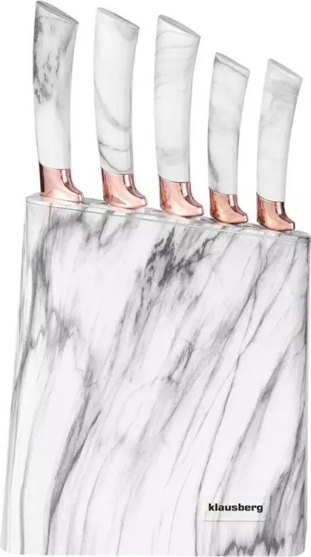 Комплект ножове със стойка Klausberg KB 7769, 6 части, Ергономични дръжки, Неръждаема стомана, Бял мрамор