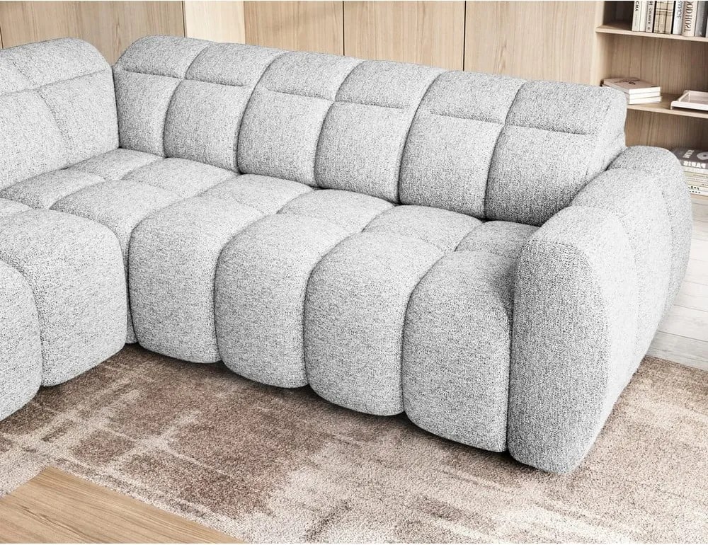 Светлосив разтегателен ъглов диван с място за съхранение от букле (ляв ъгъл L форма) Falconn – ELTAP