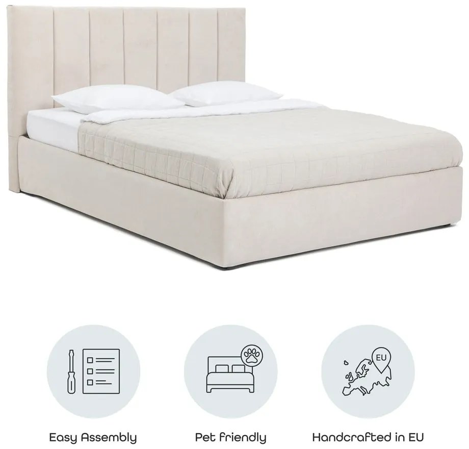 Бежово тапицирано двойно легло с място за съхранение и включена подматрачна рамка 180x200 cm Thessa Bold Line – Bonami Selection