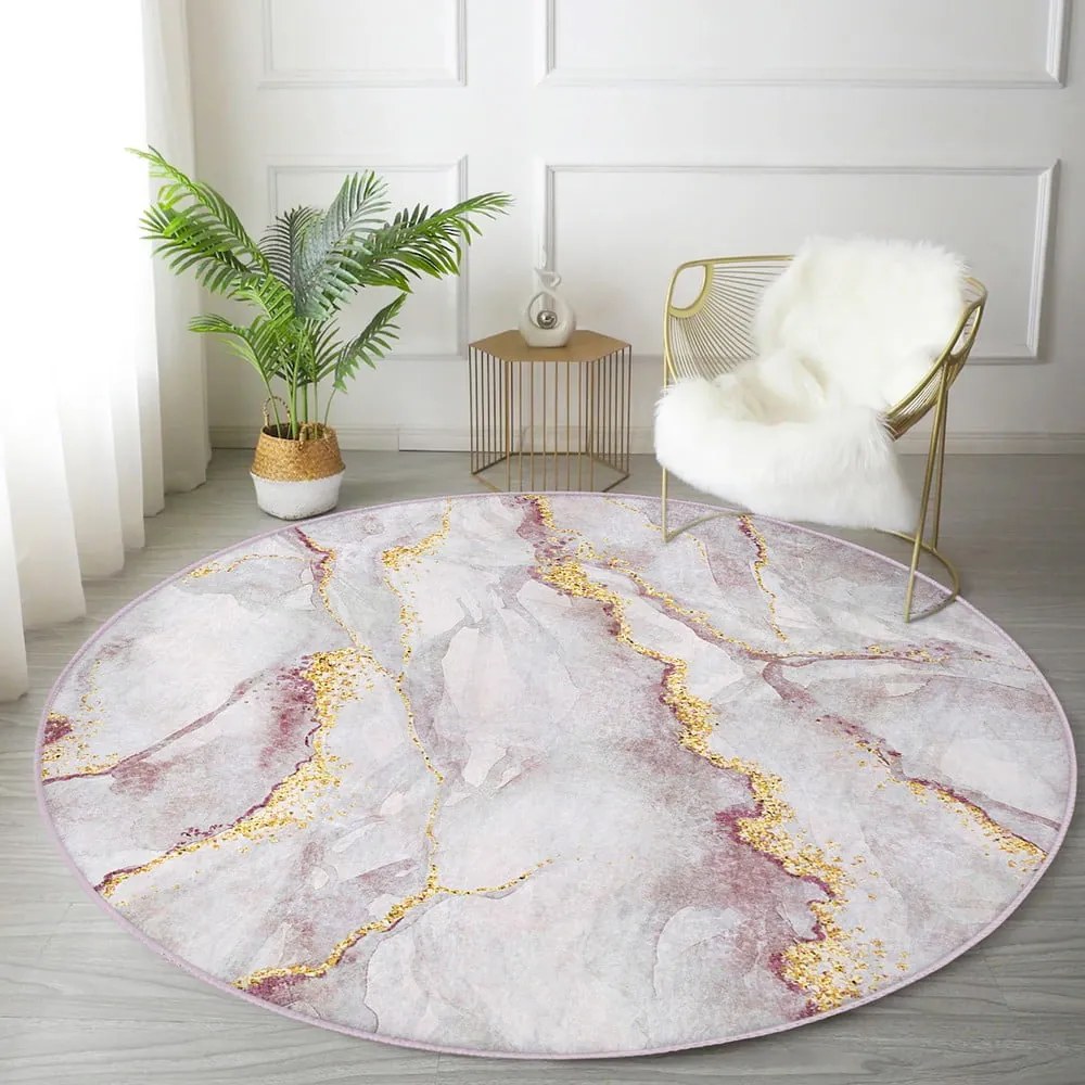 Светлорозов/в златист цвят кръгъл килим подходящ за пране ø 80 cm Marble – Mila Home