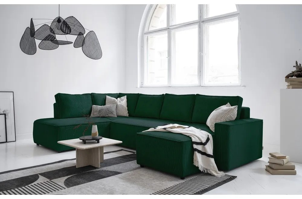 Тъмнозелен разтегателен ъглов диван от рипсено кадифе (ляв ъгъл/"U" форма) Brave Dave – Miuform