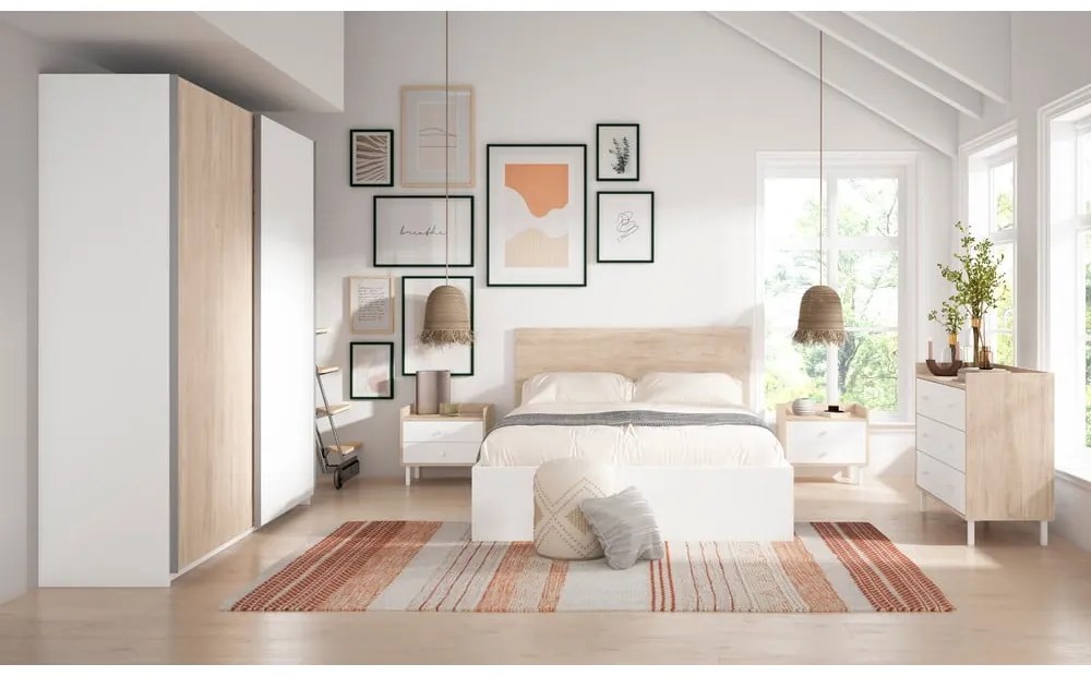 Бяло/естествено дъбово двойно легло с място за съхранение 140x190 cm Sahara - Marckeric