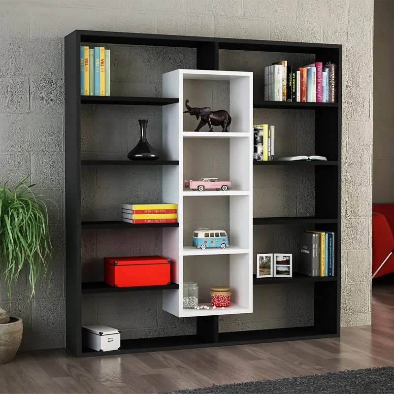 Меламиново библиотечно шкафче Ample в черен - бял цвят 125x22x135,7см.