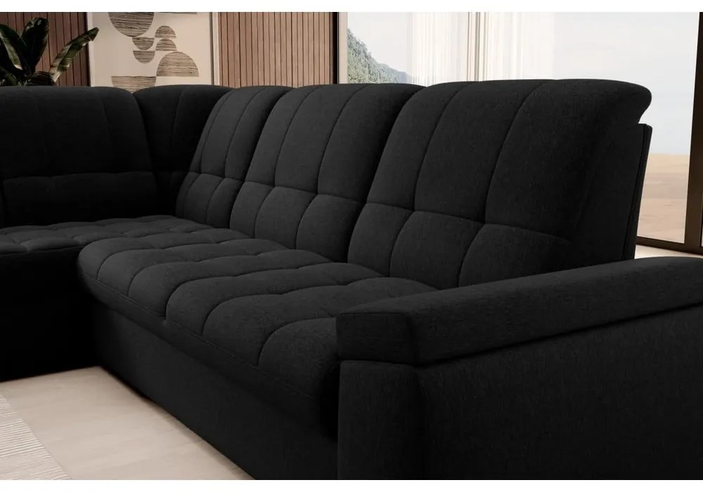 Черен разтегателен ъглов диван с място за съхранение (ляв ъгъл L форма) Sado – ELTAP