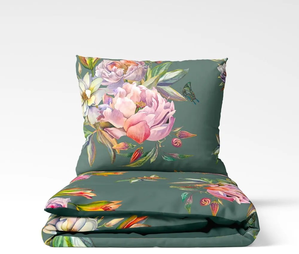 Тъмнозелено памучно спално бельо от сатен за двойно легло 200 x 220 cm Floret - Bonami Selection