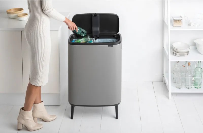 Кош за боклук Brabantia Bo Touch Hi 1001266, 2x30 л, Плътно прилепване към стена, Реглаж на краката, Минерално покритие, Сив