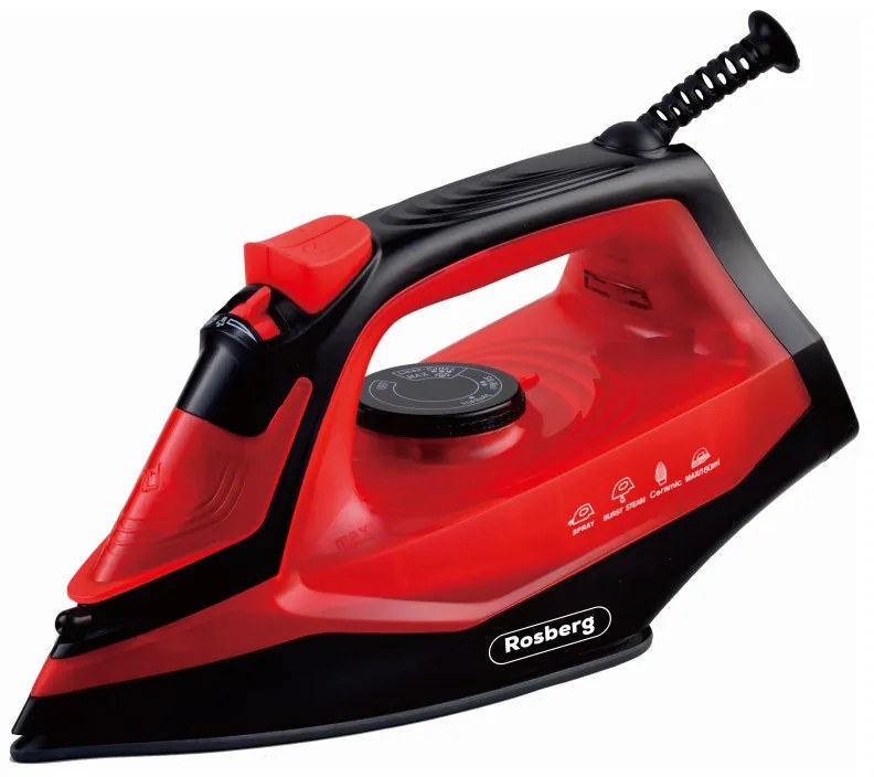 Разопакован: Ютия Rosberg R51050G, 1850-2200W, Керамика, Самопочистване, Термостат, 160 мл, Червен/Черен