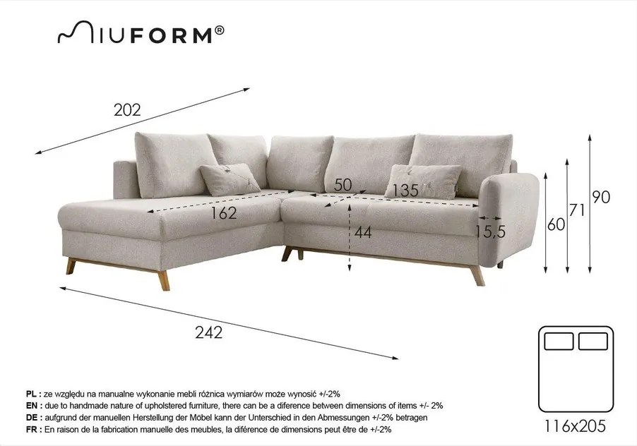 Бежов ъглов разтегателен диван ляв ъгъл, Scandic Lagom - Miuform