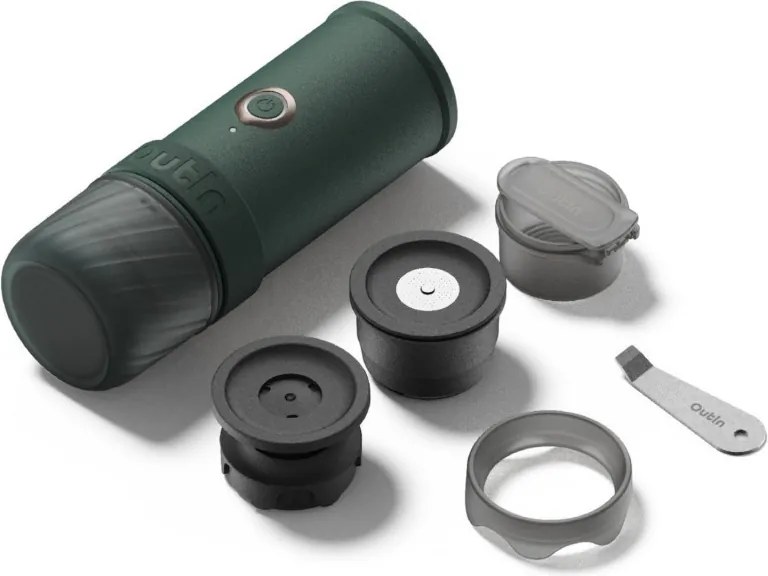 Преносима еспресо машина Outin Mino CG, 22 bar, 9000 mAh, 70 мл, Екстракция при 93.3°C, Мляно + капсули Nespresso, USB-C, Планинско зелен