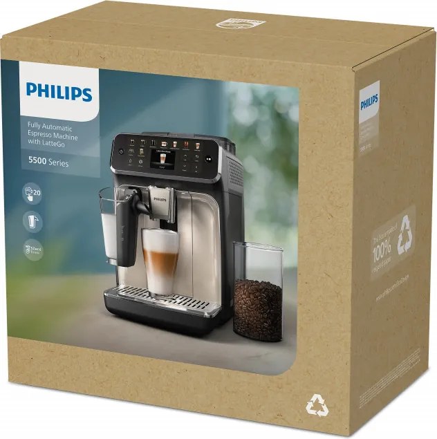 Кафеавтомат Philips EP5549/70 LatteGo, 1500W, 15 bar, 1.8 л, 20 напитки, Керамична мелачка с 12 нива, TFT, AquaClean, SilentBrew, AromaExtract, ExtraShot, Черен/Бежов