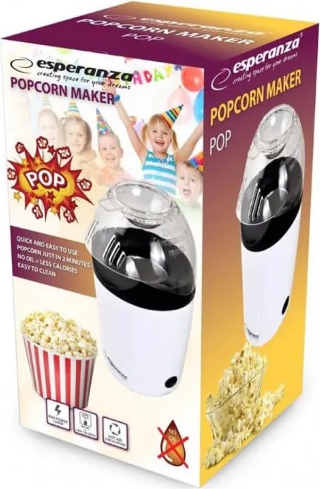 Машина за пуканки Esperanza EKP006, 1200W, 270 ml, Готови за 2 мин, Без мазнина, Бял