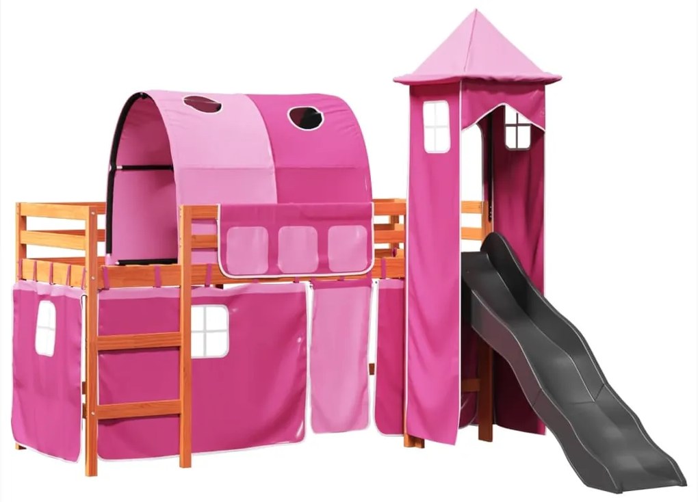 3309154 vidaXL Детско високо легло с кула, розово, 80x200 см, бор масив